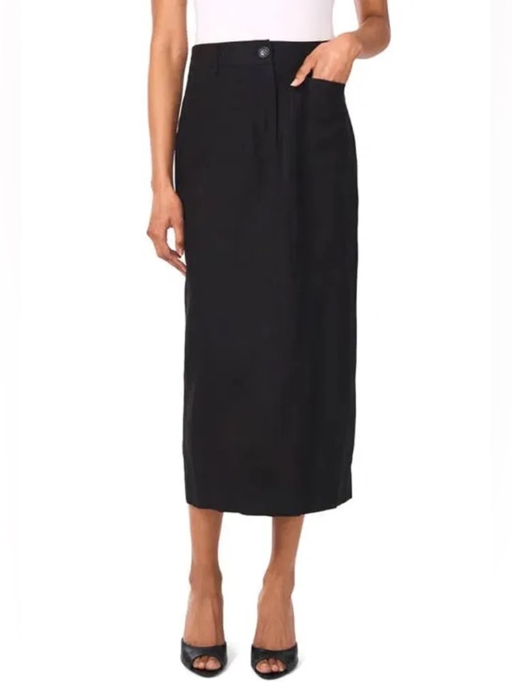 NWT Vince Camuto Linen Blend Black Midi Pencil Skirt Patch Pockets Size 0 $109
